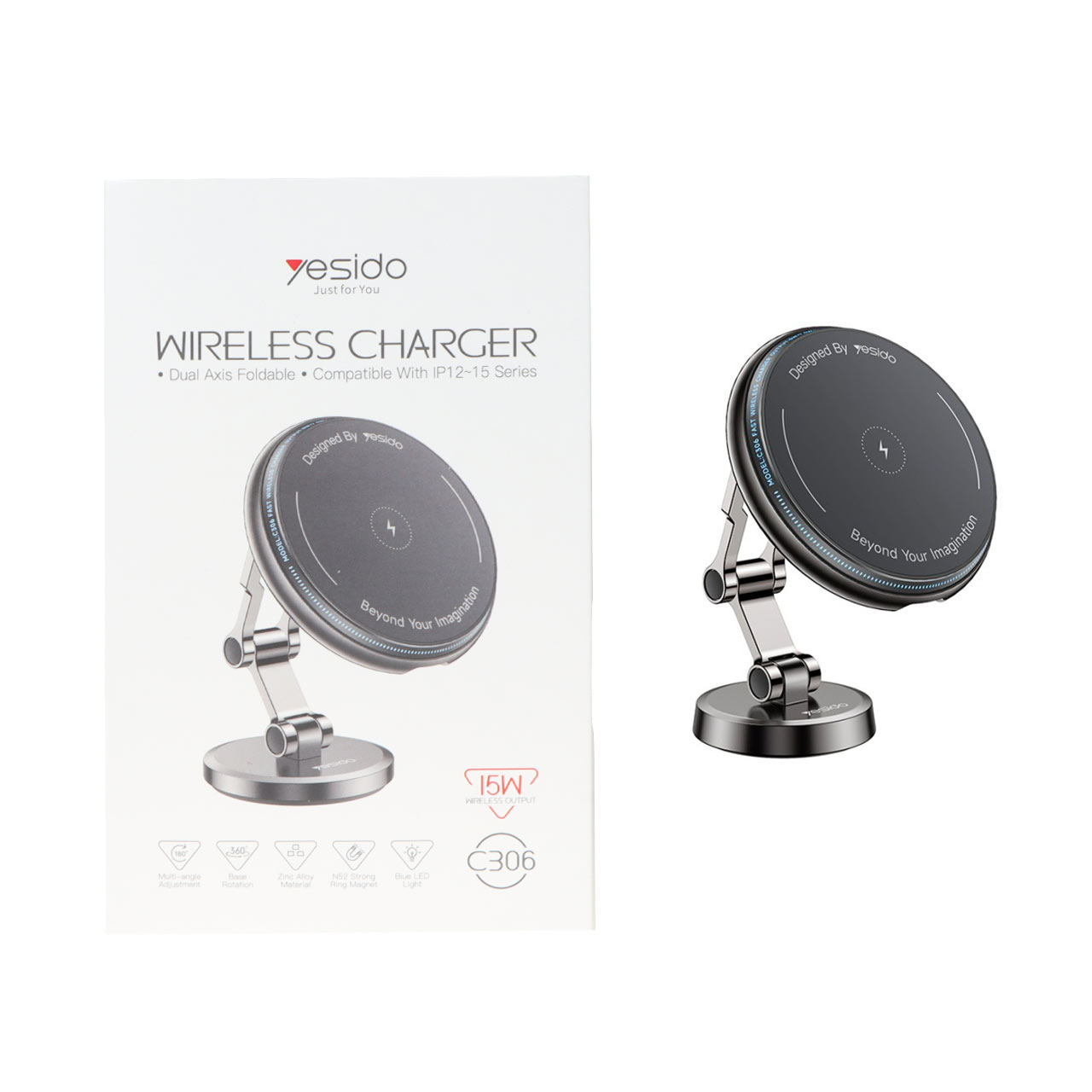شارژر وایرلس و هولدر مگنتی گوشی موبایل پایه دار Yesido مدل C306 - خاکستری (گارانتی 18 ماه تعویض نیکان همراه)